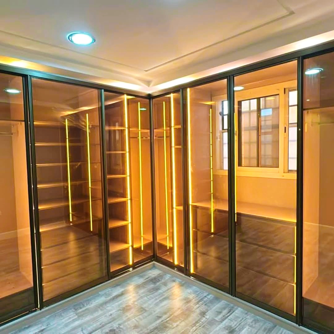 خزانة ملابس زجاج أسود بإضاءة LED