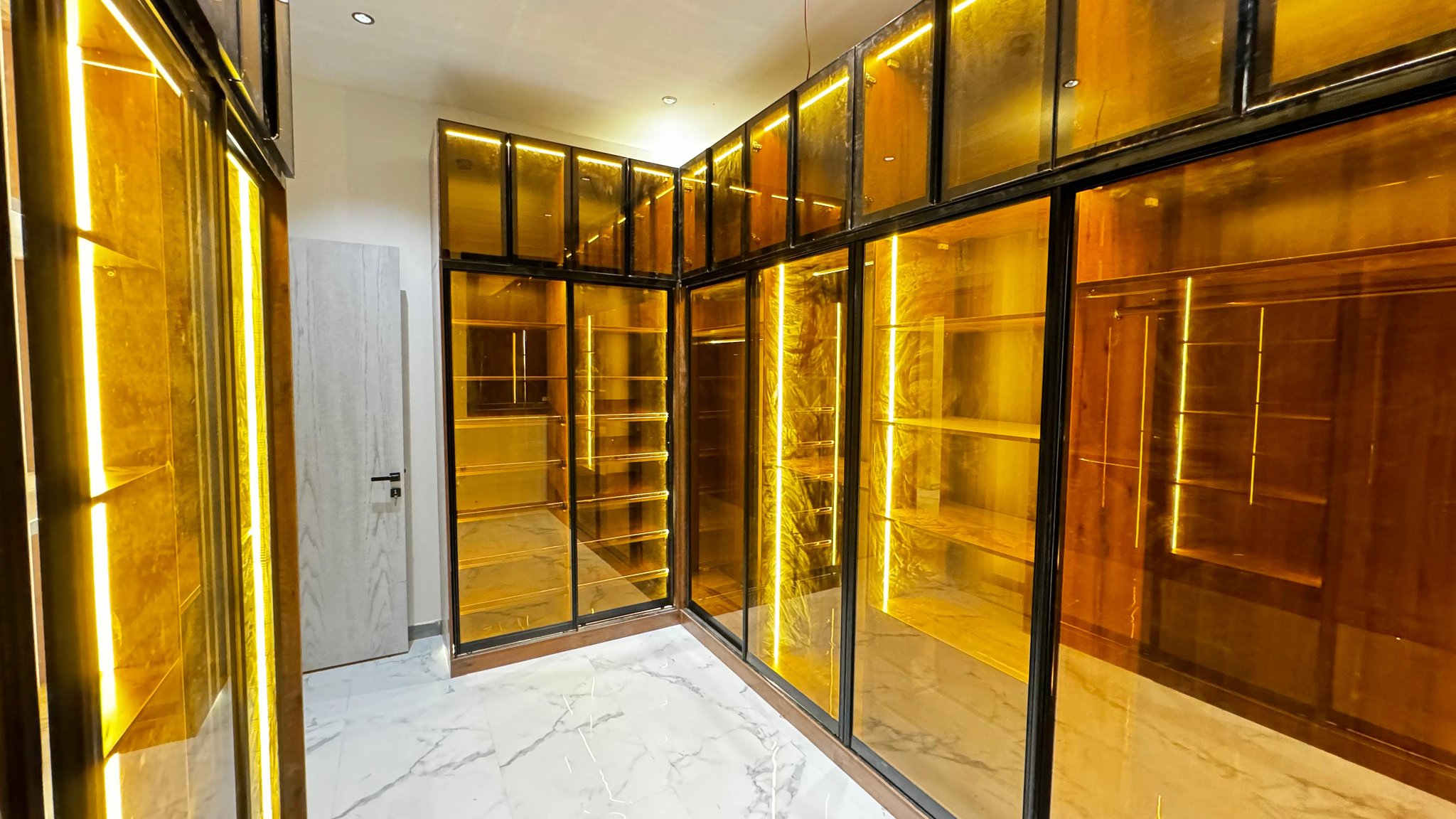 خزانة ملابس زجاج أسود بإضاءة LED