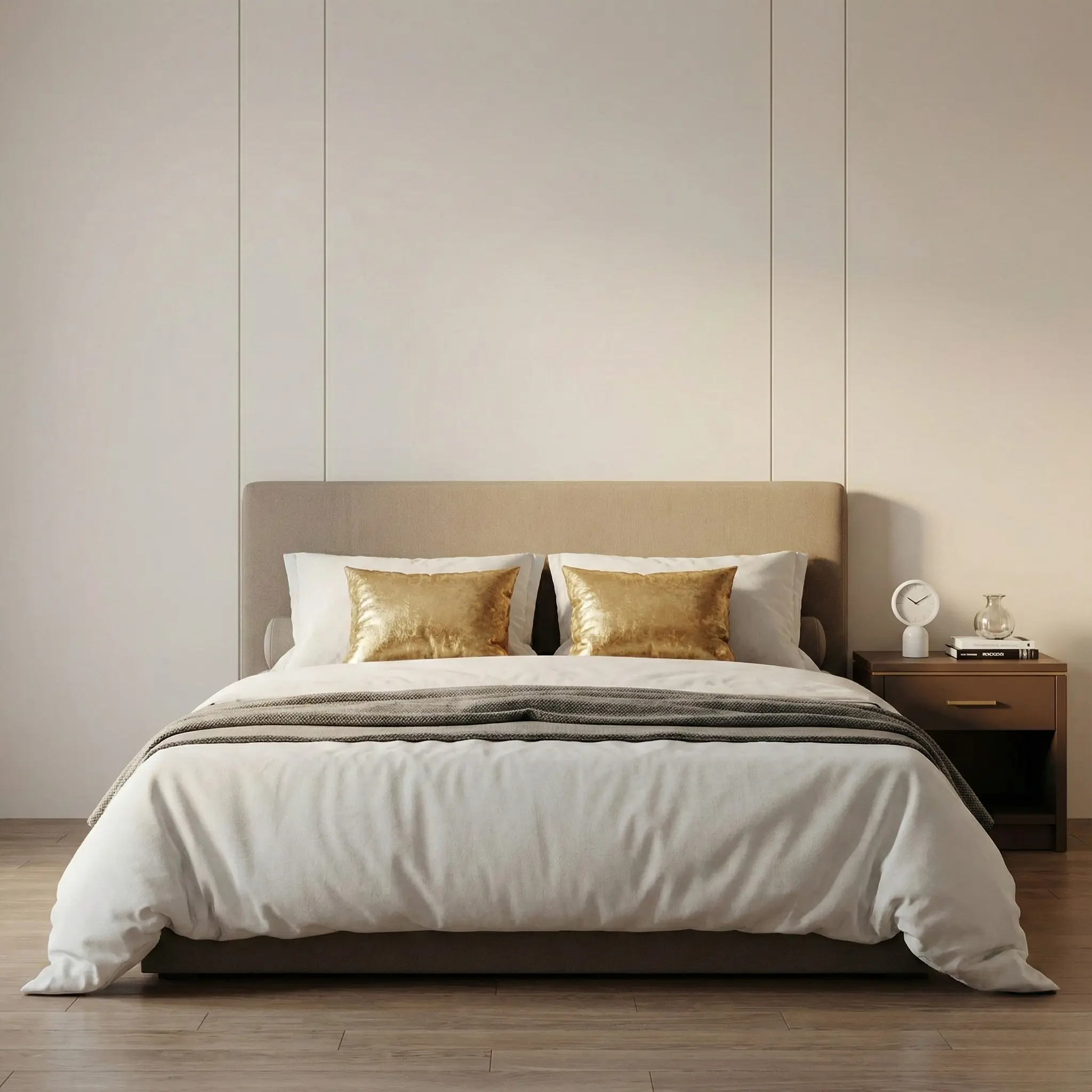 غرفة نوم مودرن بتصميم فاخر بألوان بني وذهبي